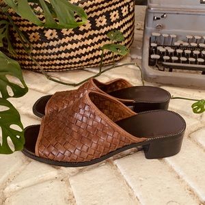 Woven Leather Heeled Mules